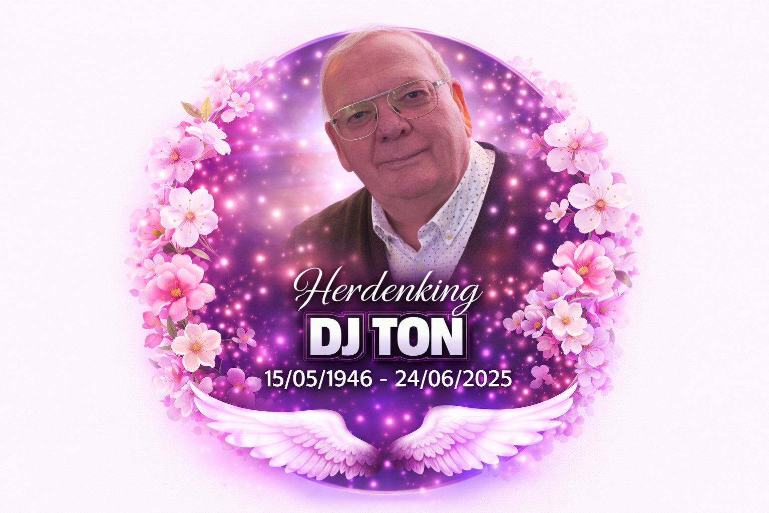 Herdenkingsportret van DJ Ton, omringd door roze bloemen en engelenvleugels