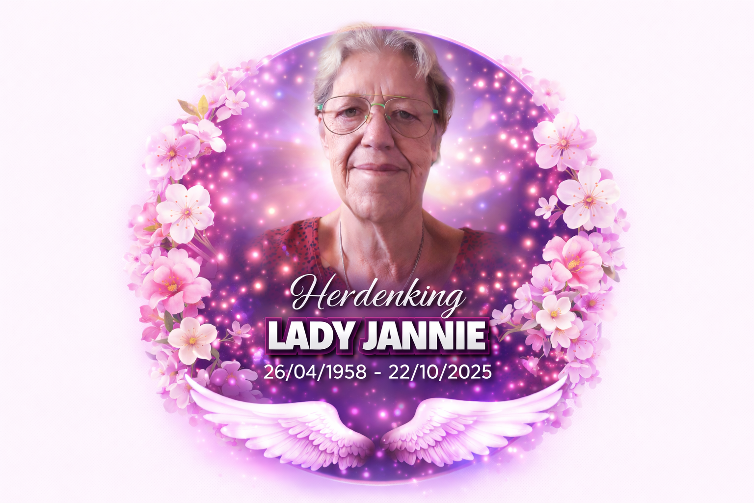 Herdenkingsportret van Lady Jannie, omringd door roze bloemen en engelenvleugels